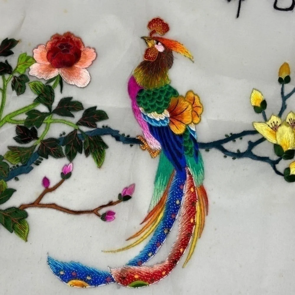 Vintage Japanese Silk Hand Embroidered Embroidery Birds and Flowers Needlepoint